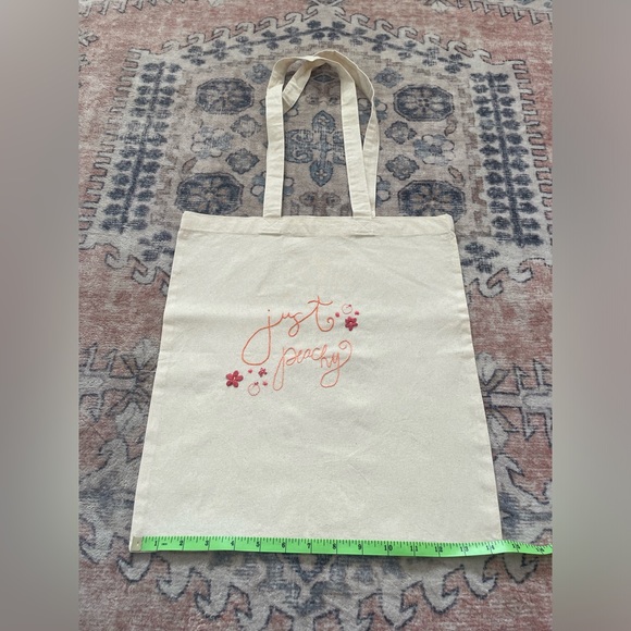 Hand Embroidered Peach ‘Just Peachy’ Tan Canvas On The Go Tote Bag - Picture 5 of 5